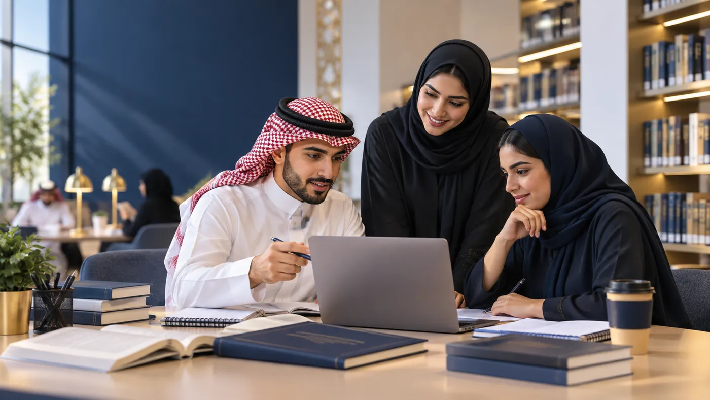 صورة تعبيرية لطلاب دراسات عليا سعوديين يعملون على بحث في مكتبة جامعية